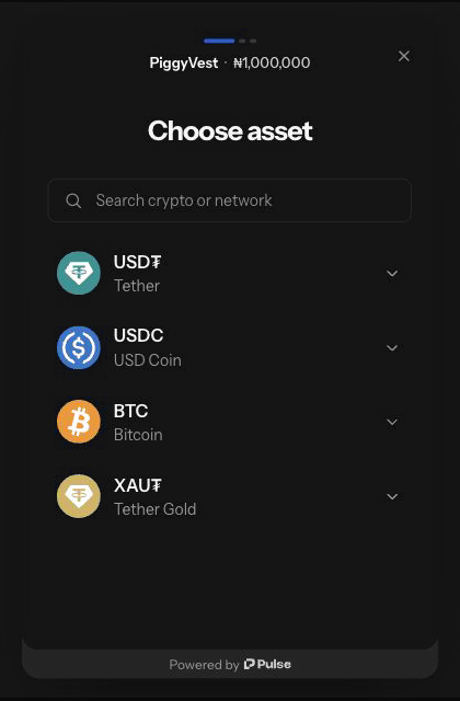 Pulse embedded checkout start screen for choosing USDT, USDC, Bitcoin or Tether Gold